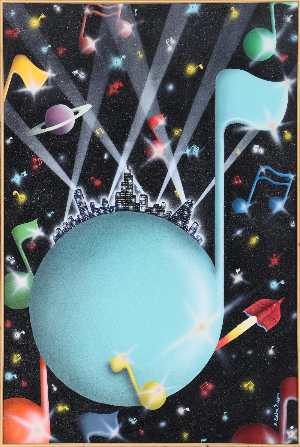 Artwork by E. Salem Krieger, Untitled (Globe with City Skyline and Music Notes, Made of acrylic airbrush