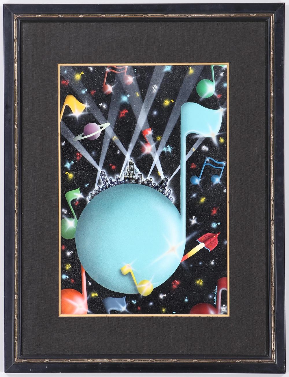 Artwork by E. Salem Krieger, Untitled (Globe with City Skyline and Music Notes, Made of acrylic airbrush