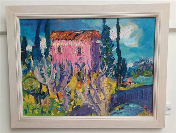A vibrant impressionist painting of a pink house nestled among trees and water.