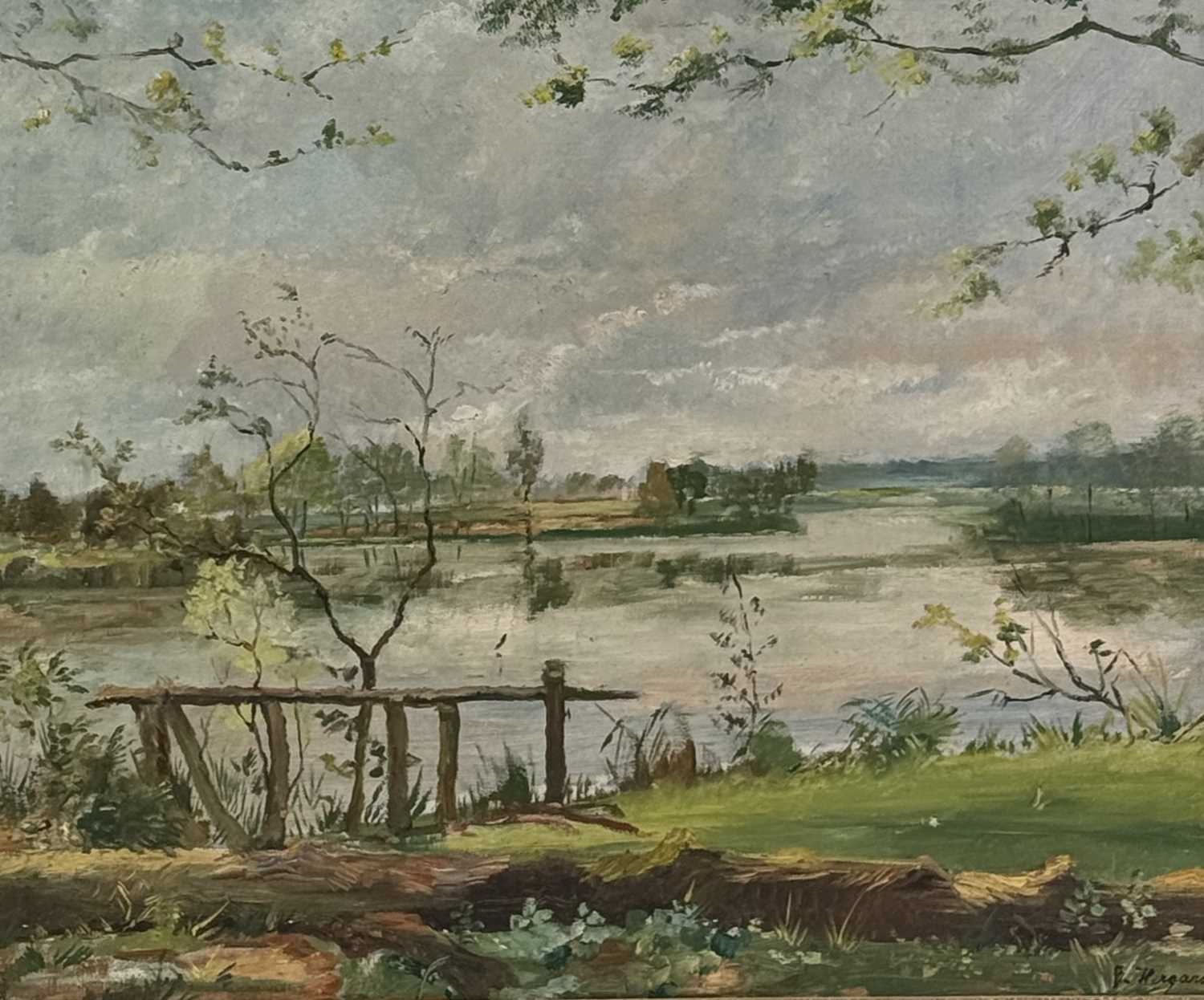 Artwork by Bernhard Hergarden, extensive riverscape, Made of oil on board