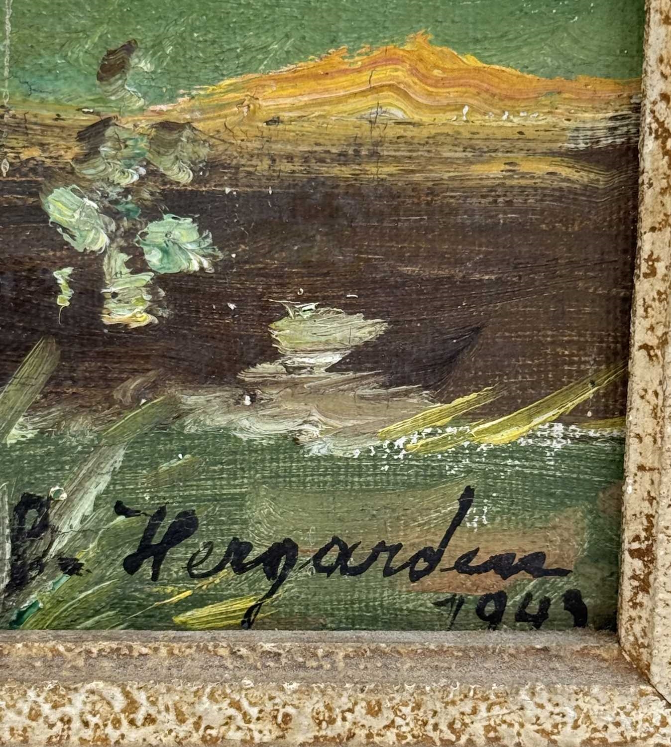 Artwork by Bernhard Hergarden, extensive riverscape, Made of oil on board