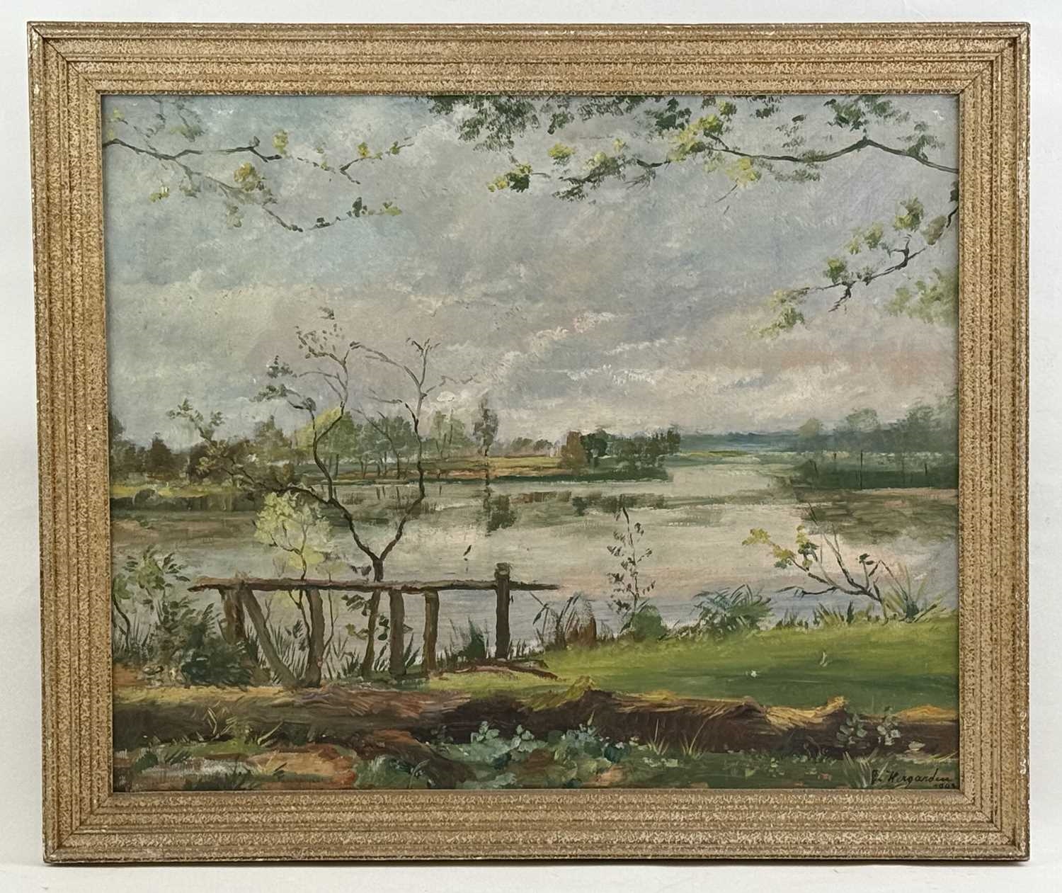 Artwork by Bernhard Hergarden, extensive riverscape, Made of oil on board