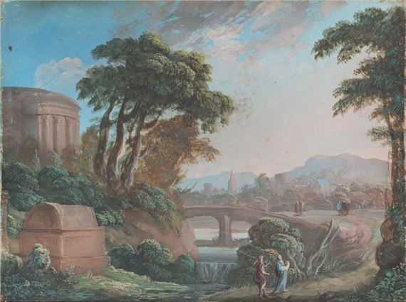 River landscape with figures on the way (Flight to Egypt?). by Pierre Antoine Patel