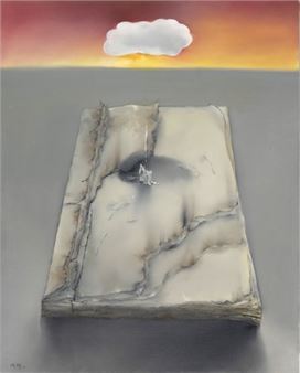 A surreal painting of a weathered stone slab with a bird perched on it, set against a gradient sky.