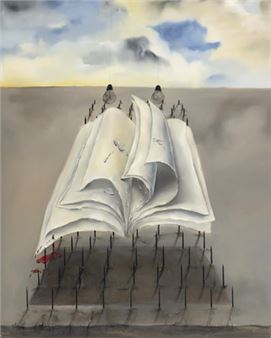 A surreal landscape featuring a massive open book standing on a field of stakes under a cloudy sky.