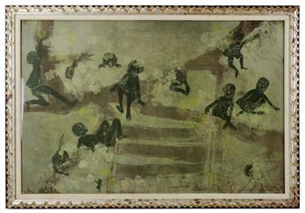 A framed painting depicting a group of dark figures in motion against a textured, abstract background.