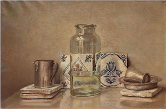Stilleven met tegels, glazen pot en zilver - Cornelis Jan Mension