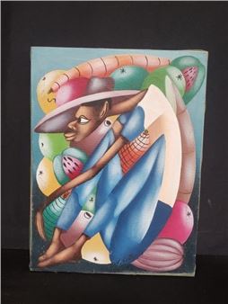 A colorful, stylized portrait of a seated figure surrounded by whimsical fruit shapes.