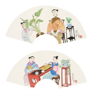Two fan paintings with figures - Hu Yongkai