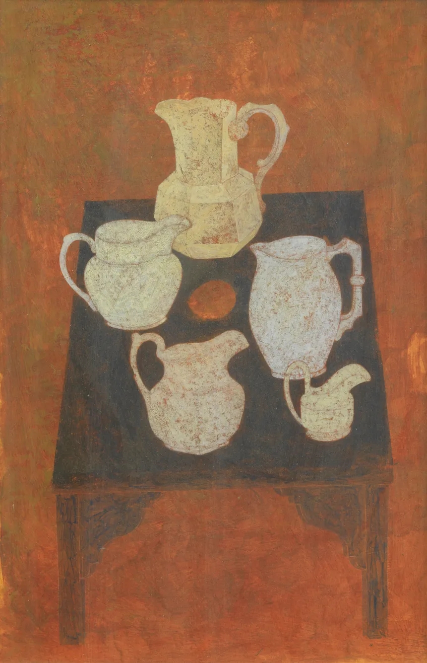 Artwork by Anthony Gilbert, Still Life of Jugs on Table Top, Made of gouache