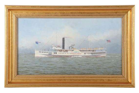 A maritime scene featuring a steam-powered riverboat navigating calm waters under an overcast sky.