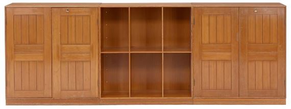 Solid Oregon pine wall unit, consisting of two cabinets, one deep bookcase and three plinths.