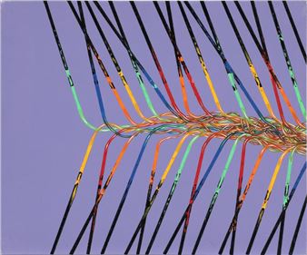 A colorful abstract composition of tangled wires against a solid purple background.