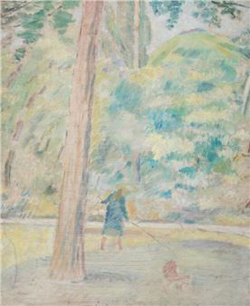 The garden at Lindevej, a girl with a rake - Harald Giersing