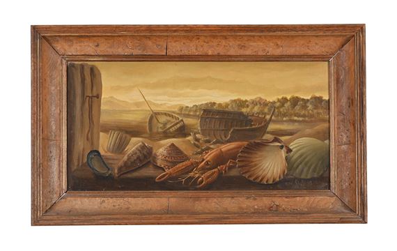 A still life painting featuring a collection of seashells and a lobster in the foreground with a maritime landscape in the background.