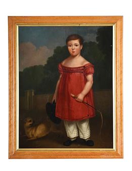 PORTRAIT OF A BOY WITH WHIP AND DOG - American Primitive School, 19th Century