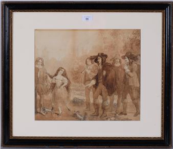 A sepia-toned sketch of a group of figures in period clothing gathered around a central woman.