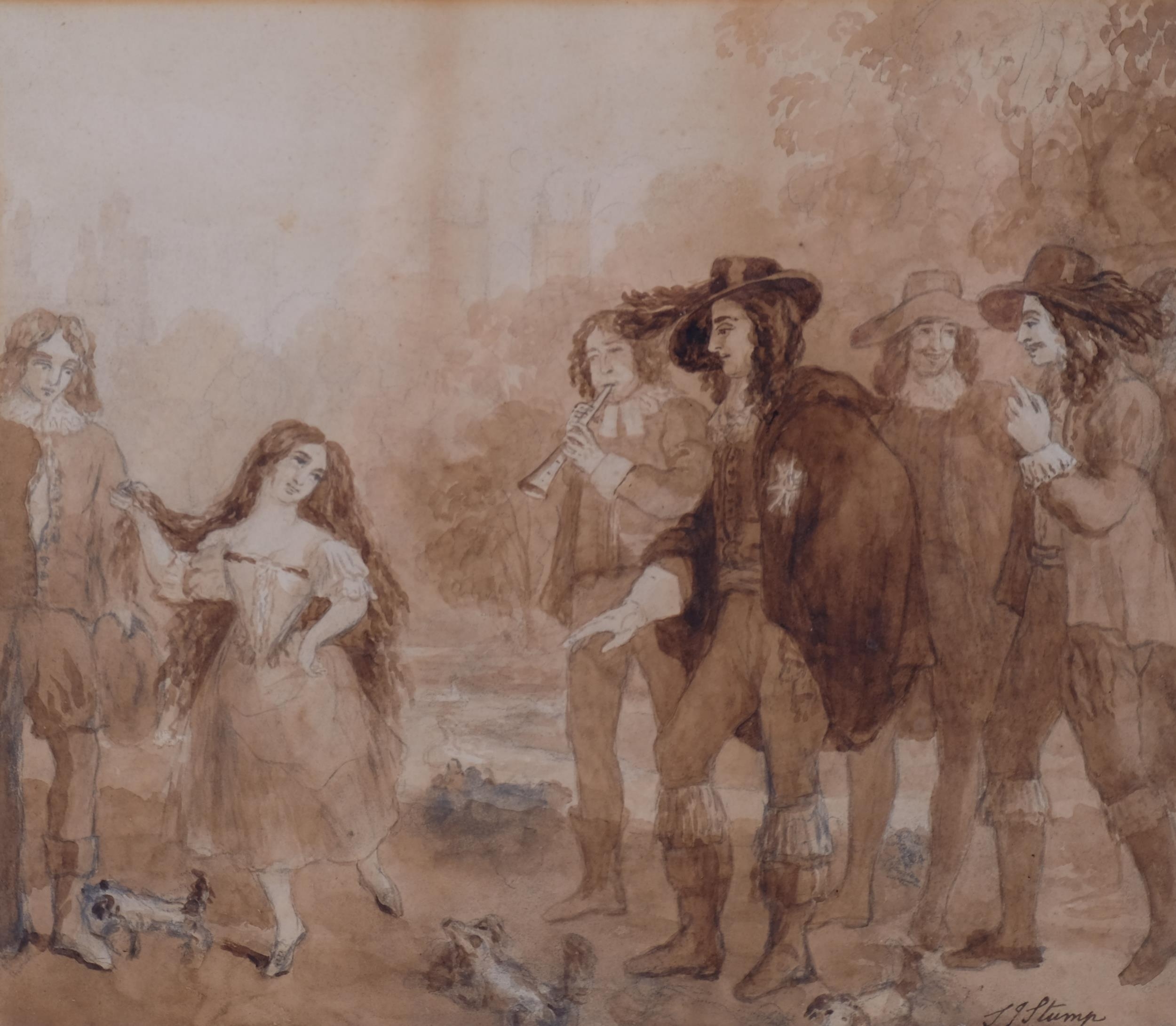 A sepia-toned sketch of a group of figures in period clothing gathered around a central woman.