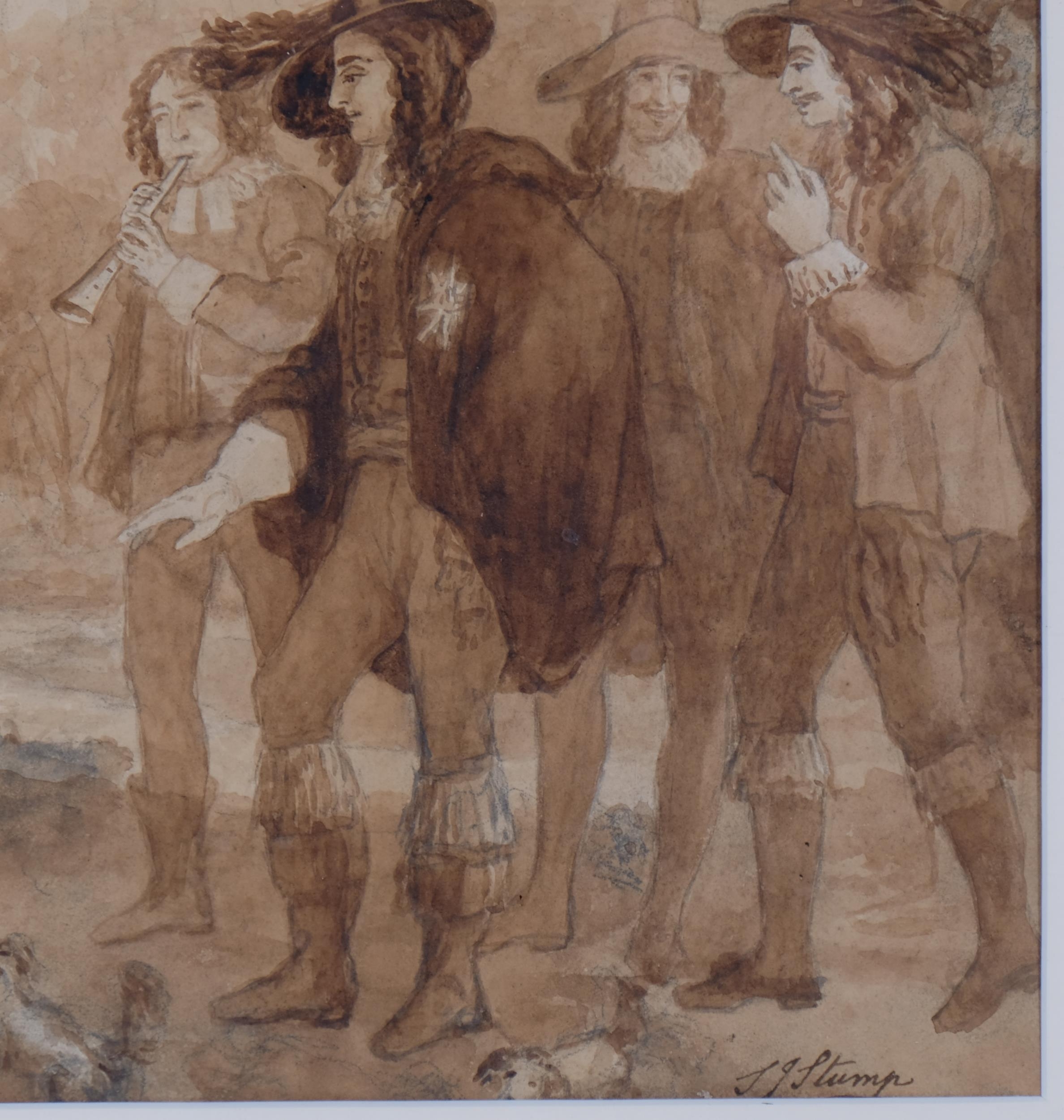 A sepia-toned sketch of a group of figures in period clothing gathered around a central woman.