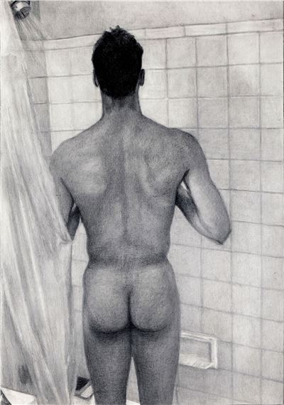 A monochromatic drawing of a nude figure standing with their back to the viewer in a tiled shower.