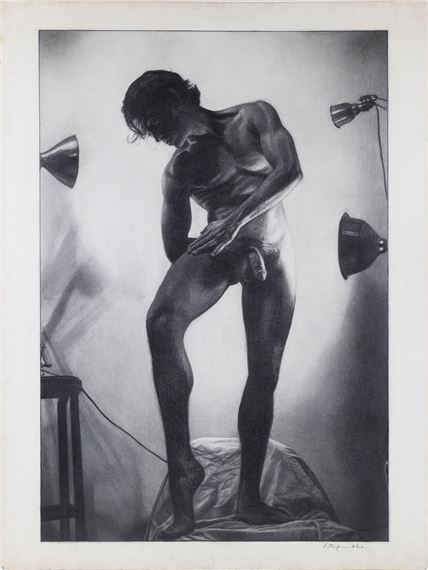 A black-and-white print of a nude figure standing on a draped surface, surrounded by studio lamps.