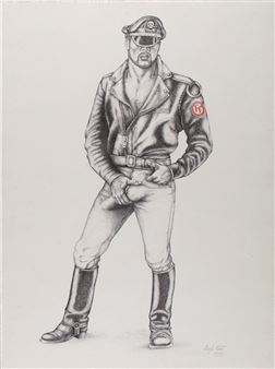 A monochromatic pencil drawing of a figure in a military-style uniform and cap, standing with hands clasped.
