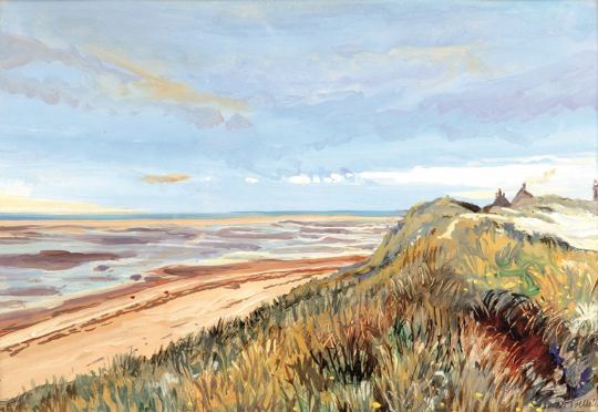 A coastal landscape painting featuring a sandy beach, dunes with grassy vegetation, and a distant horizon under a cloudy sky.