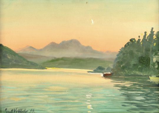 A serene watercolor landscape of a calm lake at dusk with distant mountains and a small boat.