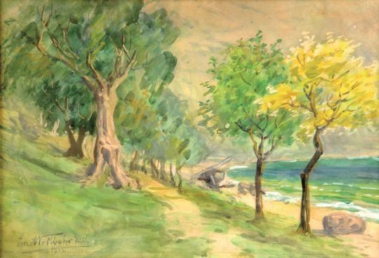 A watercolor landscape painting of a sunlit coastal path lined with trees.