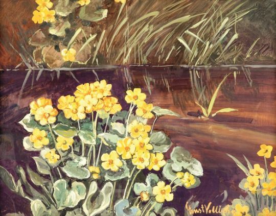 A vibrant watercolor painting of yellow flowers growing near a reflective pond.