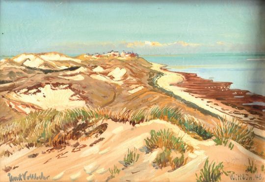 A coastal landscape painting featuring rolling dunes, a distant shoreline, and a calm sea under a pale sky.