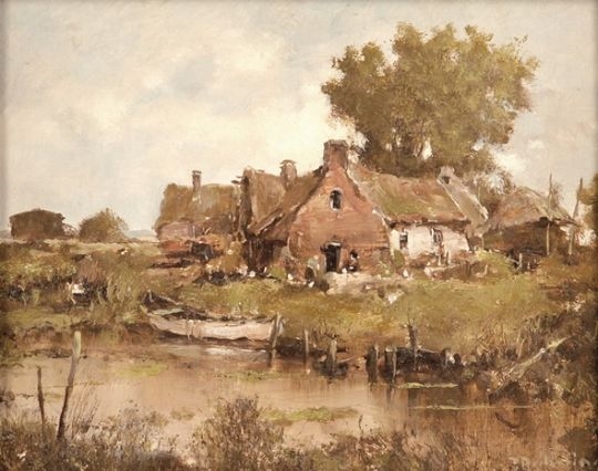 Artwork by Richard Reibeling, Bauernhaus am Flussufer mit Boot, Made of Öl A. Holz