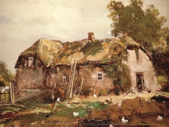 Artwork by Richard Reibeling, Reetdachkate mit Hühnern, Made of Öl A. Holz