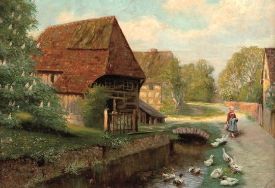 Mädchen mit Enten am Kanal - Theodor Grätz