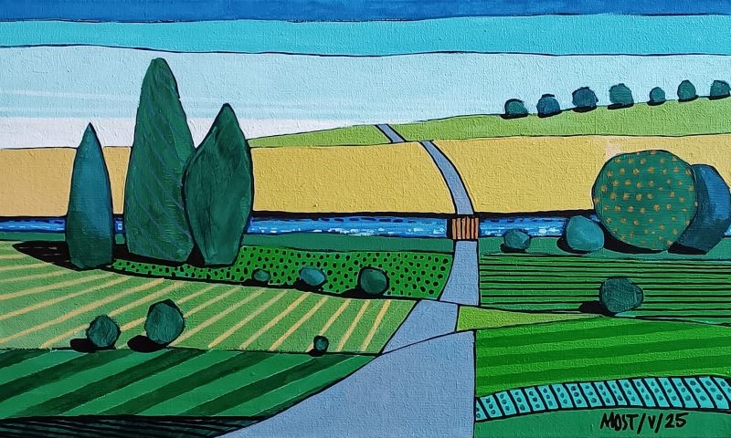 Artwork by Michał Ostaniewicz, Landscape with a Bridge, Made of Acrylic, Canvas