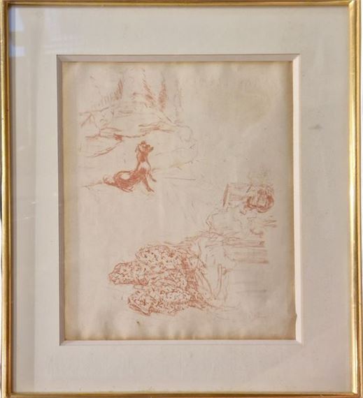 A framed red-brown sketch of a seated figure and foliage on textured paper.
