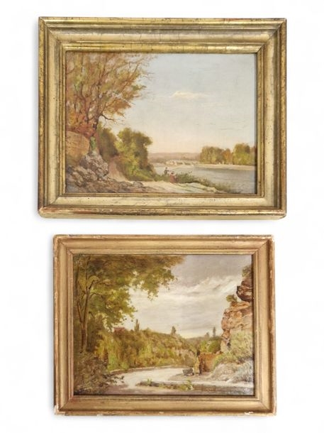Artwork by Louis Pivot, Riverside with Fisherman, Made of Oil on canvas board and oil on board