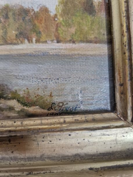 Artwork by Louis Pivot, Riverside with Fisherman, Made of Oil on canvas board and oil on board