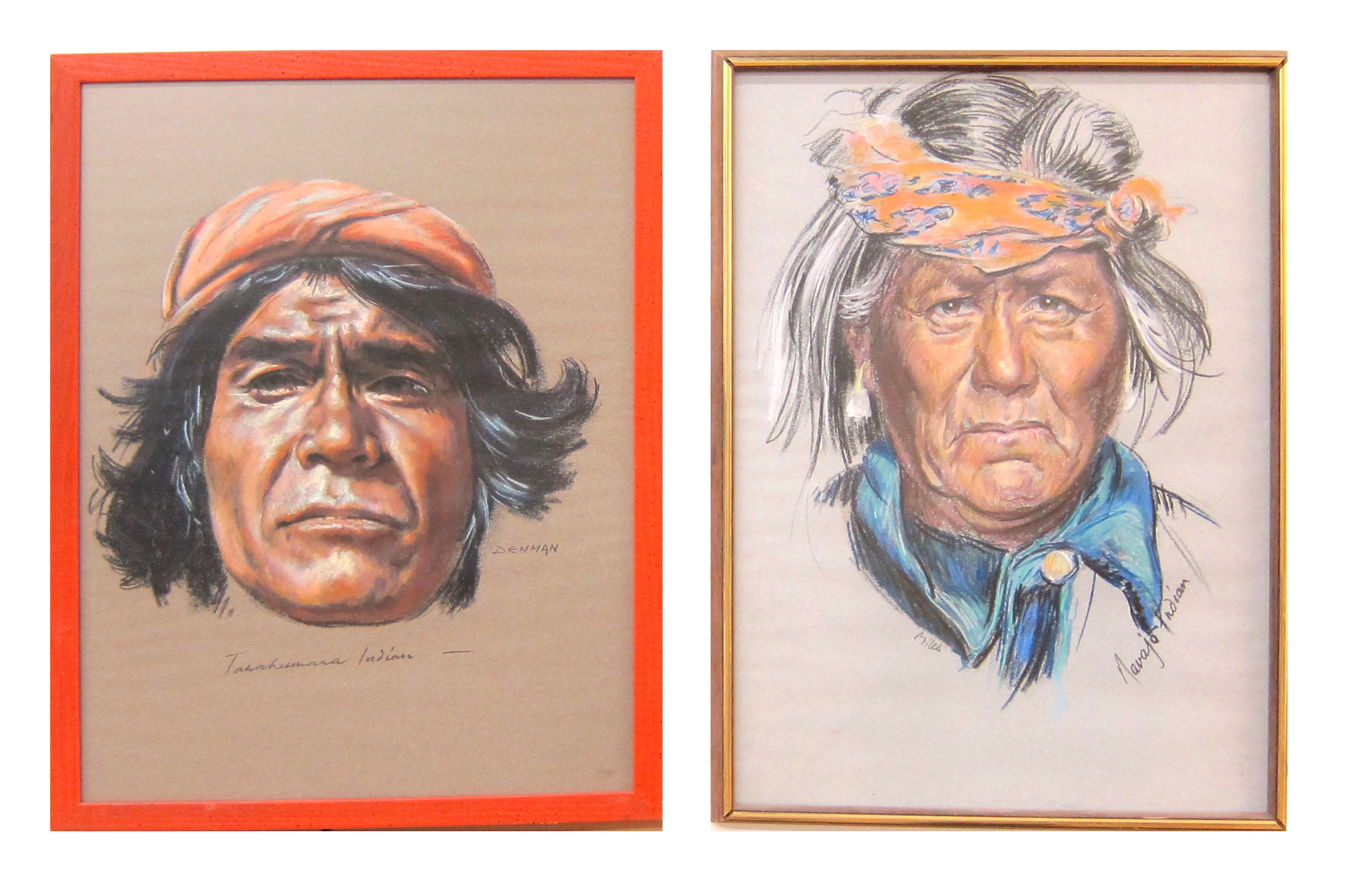 Artwork by Miles Denman, Paire de portraits "Navajo Indian & Tanahumana Indian, Made of Pastels On Paper