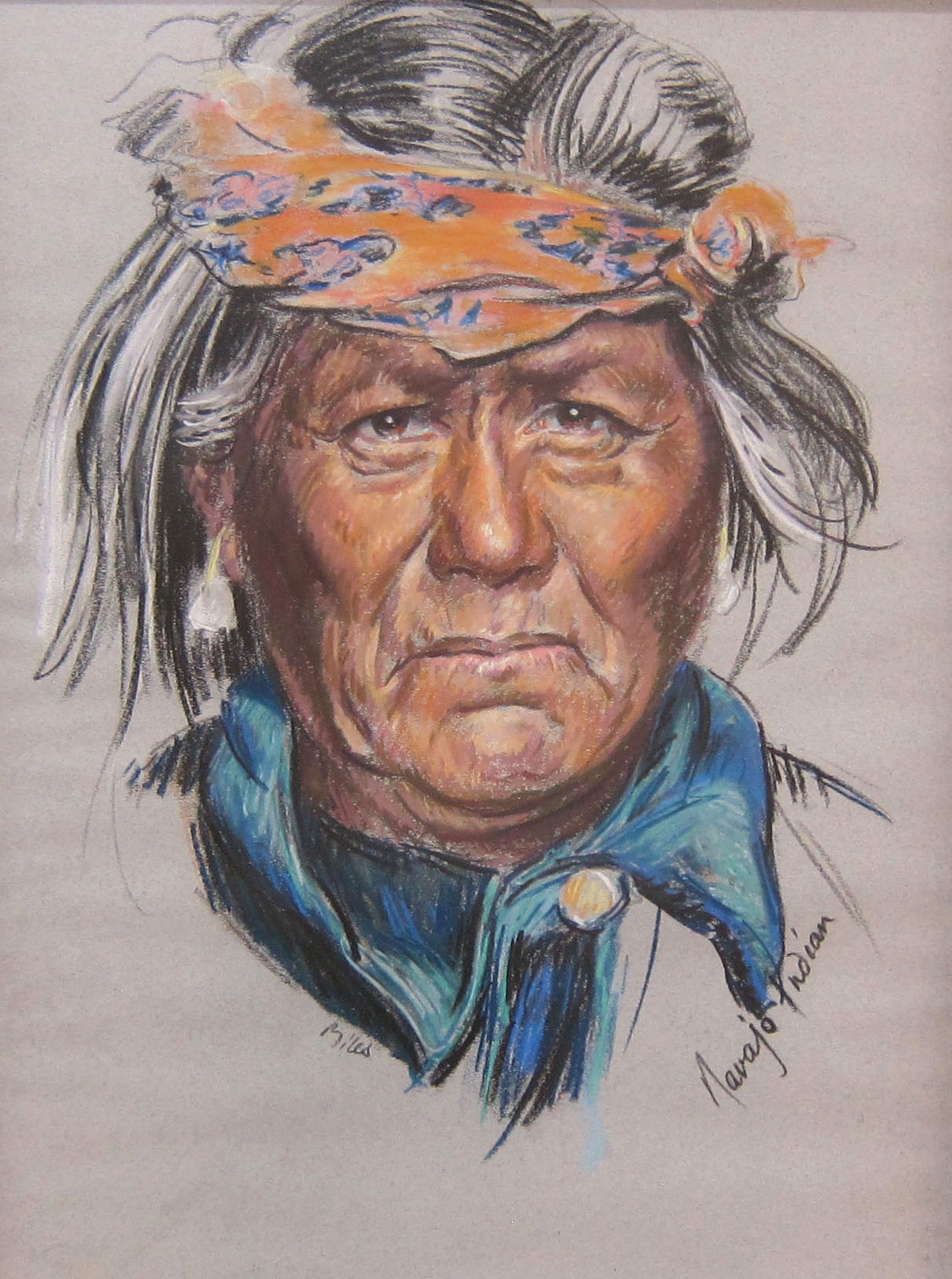 Artwork by Miles Denman, Paire de portraits "Navajo Indian & Tanahumana Indian, Made of Pastels On Paper