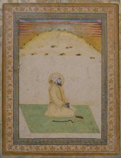 Artwork by Indian School, 18th Century, Album page with a portrait of a Sufi sheikh, Made of Polychrome pigments and gold on paper