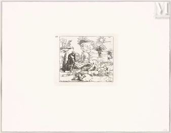 Un homme assis tient un miroir ardent dont il dirige les rayons contre des animaux qui se battent - Leonardo da Vinci