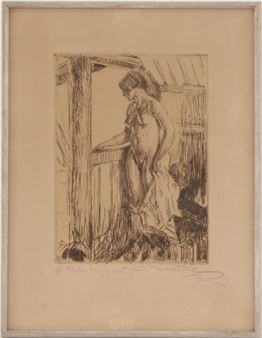 Etsning, interiör med naken kvinna - Helmer MasOlle