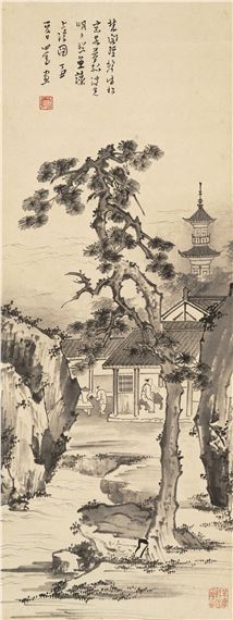 A traditional ink landscape featuring a solitary pine tree, a pavilion with figures, and a pagoda in the distance.