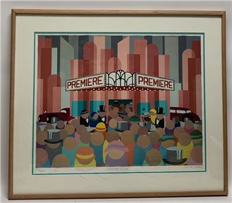 A vibrant graphic print of a crowded theater premiere scene with stylized buildings and vintage cars.