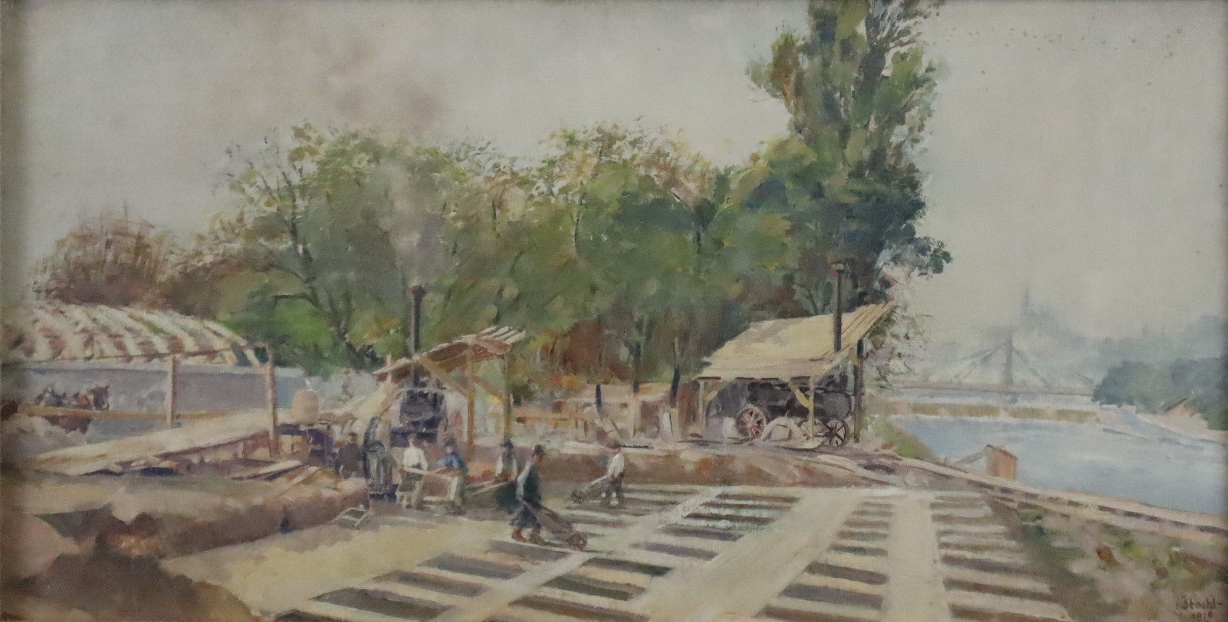 Artwork by Jaroslav Štochl, Bau der Brücke über die Flussinsel Stvanice in Prag, Made of oil on board