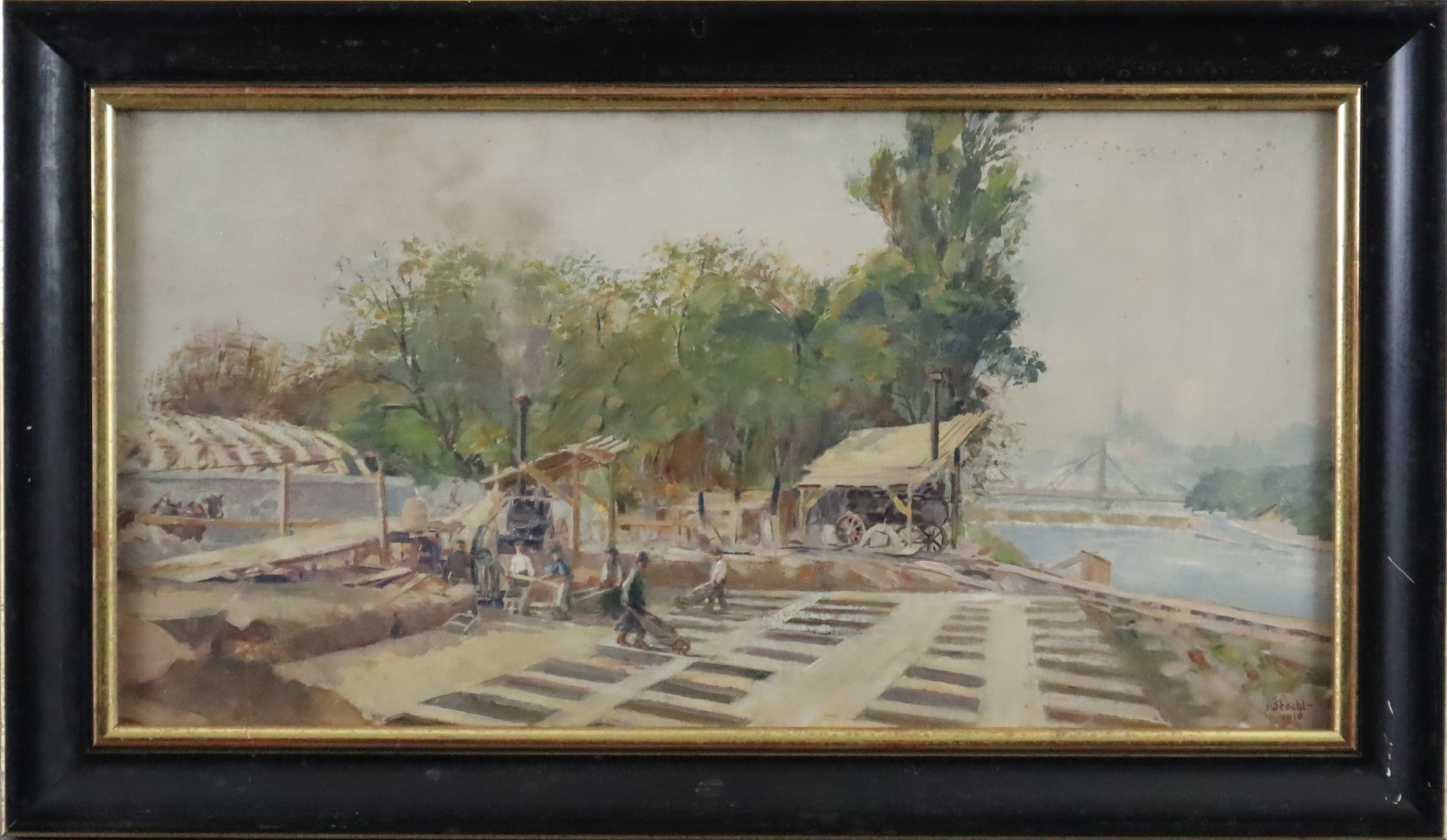 Artwork by Jaroslav Štochl, Bau der Brücke über die Flussinsel Stvanice in Prag, Made of oil on board