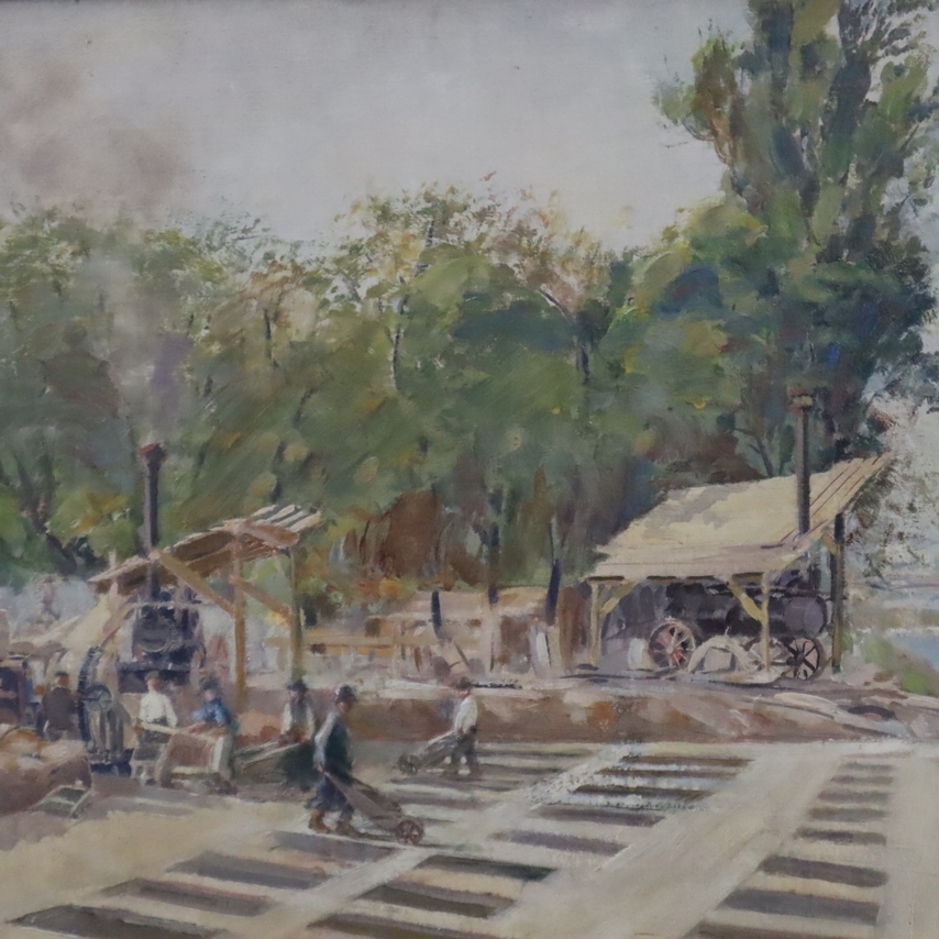 Artwork by Jaroslav Štochl, Bau der Brücke über die Flussinsel Stvanice in Prag, Made of oil on board