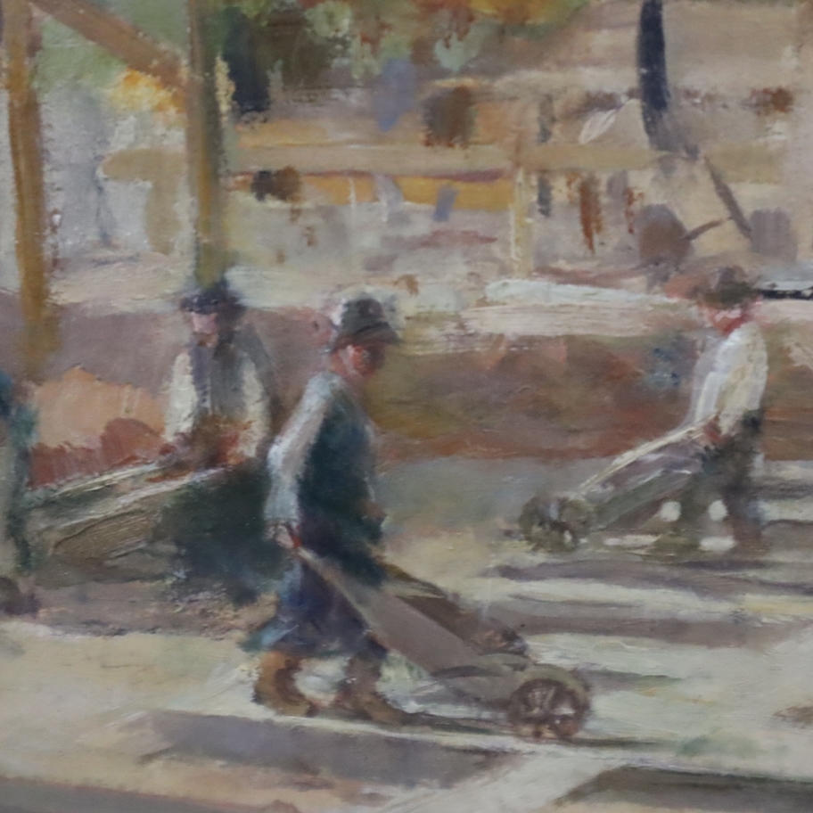 Artwork by Jaroslav Štochl, Bau der Brücke über die Flussinsel Stvanice in Prag, Made of oil on board