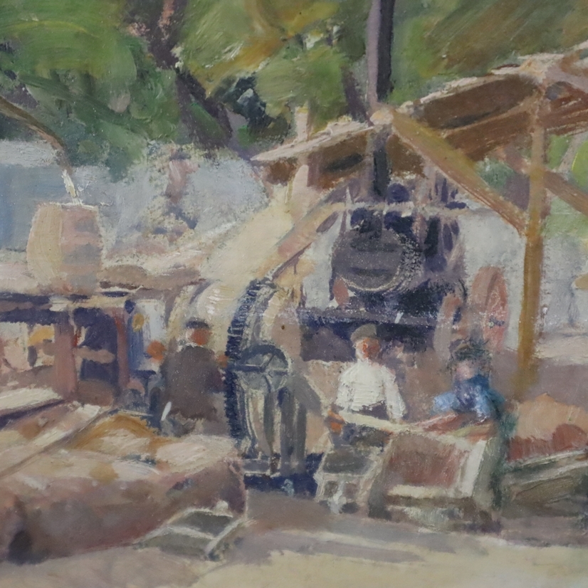 Artwork by Jaroslav Štochl, Bau der Brücke über die Flussinsel Stvanice in Prag, Made of oil on board